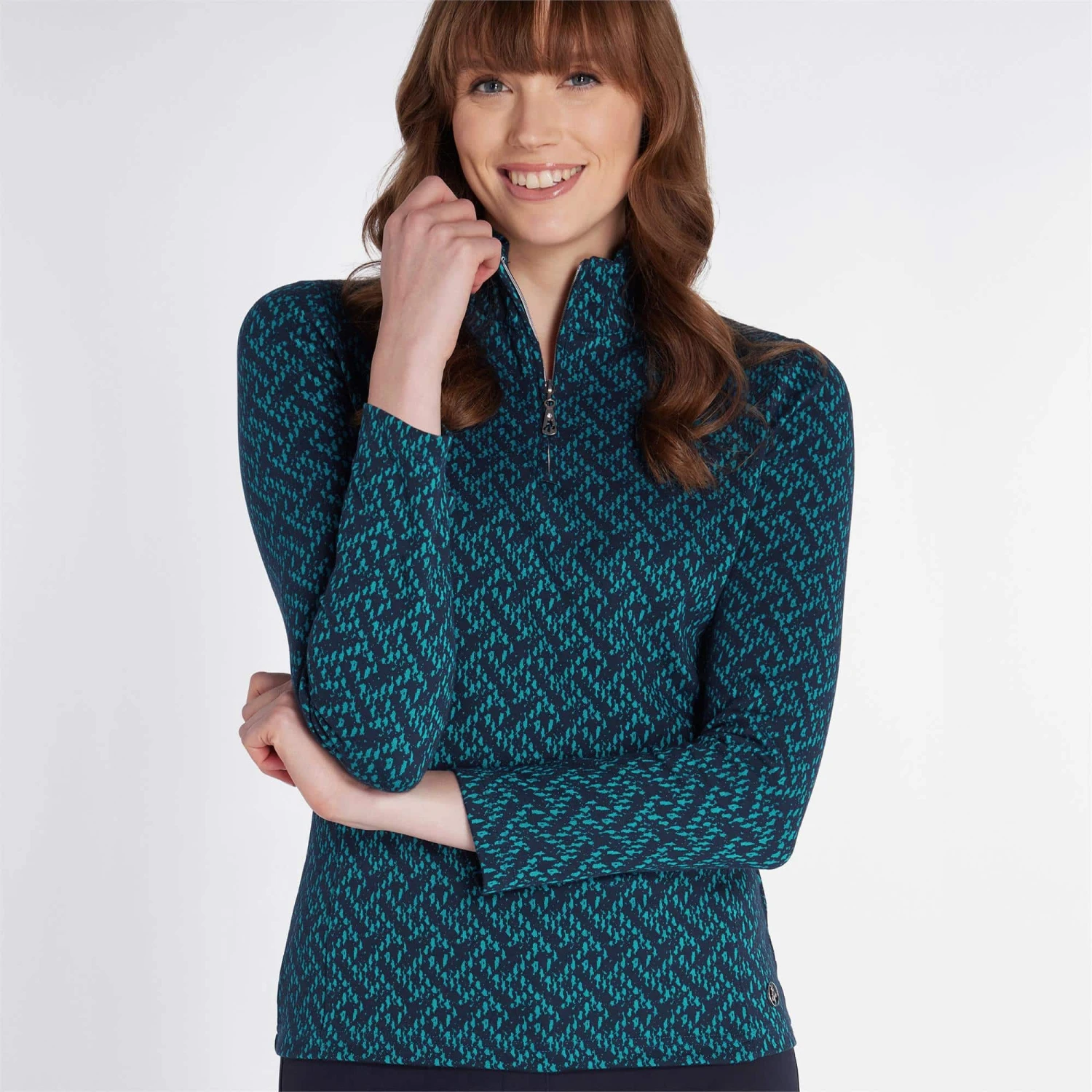 Green Lamb Kenza Jaquard Zip Neck Ladies Golf Top Navy - Image 4