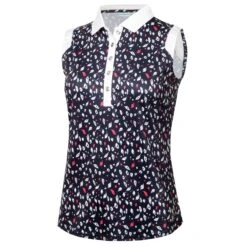 Green Lamb Marie Printed Ladies Sleeveless Polo Shirt Leaf Print