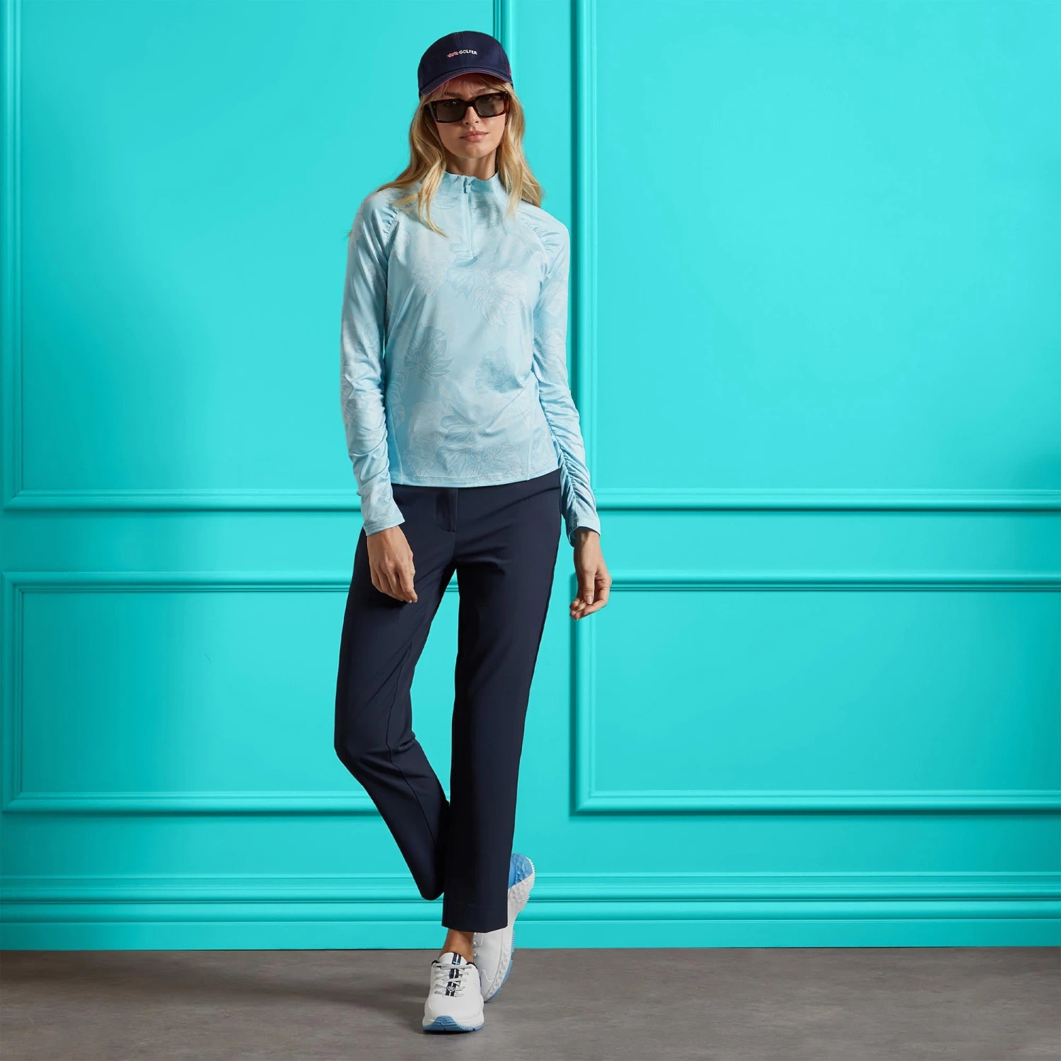 G/FORE Printed Ruched Quarter Zip Ladies Light Golf Mid Layer Powder - Image 2