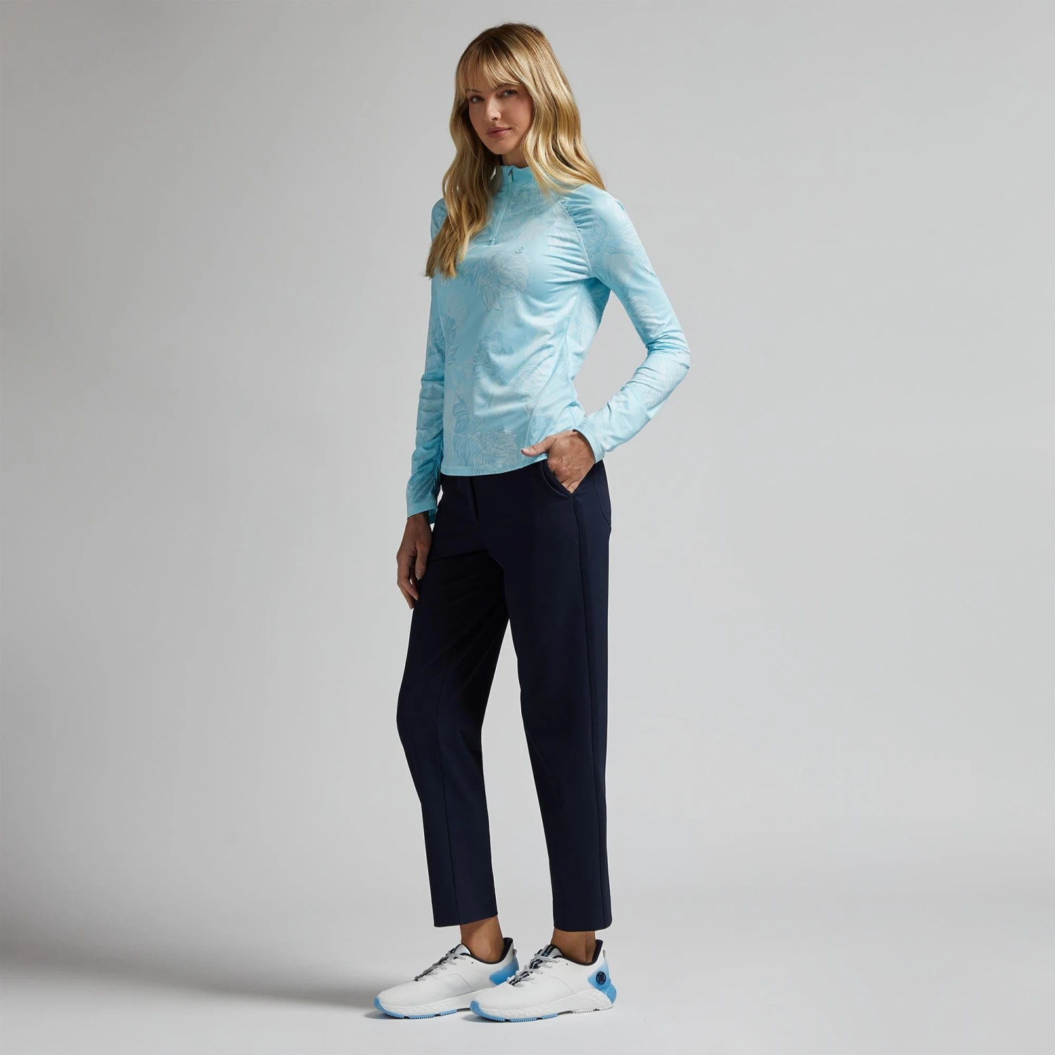 G/FORE Printed Ruched Quarter Zip Ladies Light Golf Mid Layer Powder - Image 15