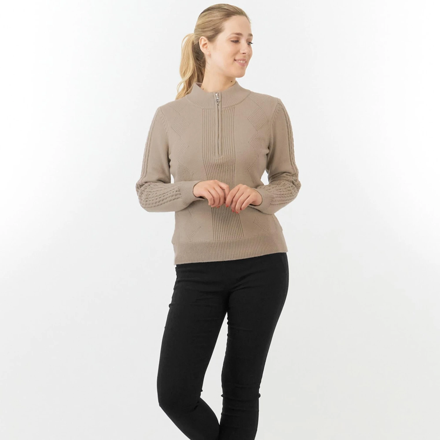 Pure Golf Sorrell Cable Knit Lined Ladies Golf Jumper Cappuccino - Image 4