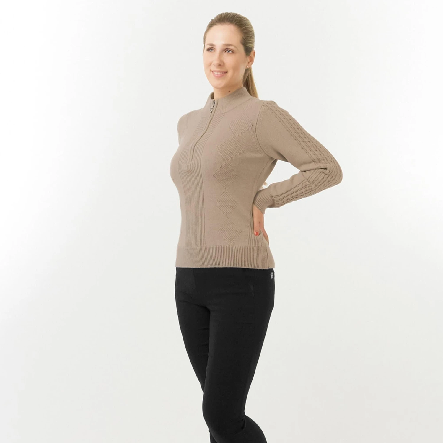 Pure Golf Sorrell Cable Knit Lined Ladies Golf Jumper Cappuccino - Image 5