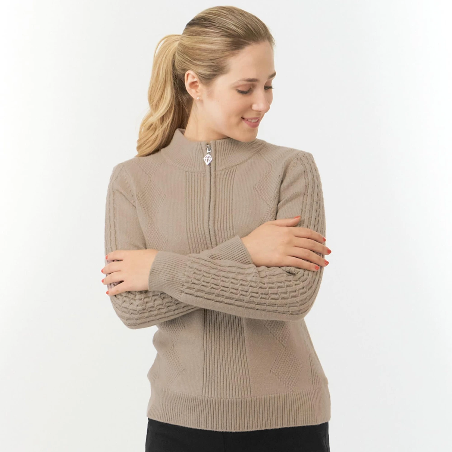 Pure Golf Sorrell Cable Knit Lined Ladies Golf Jumper Cappuccino - Image 7