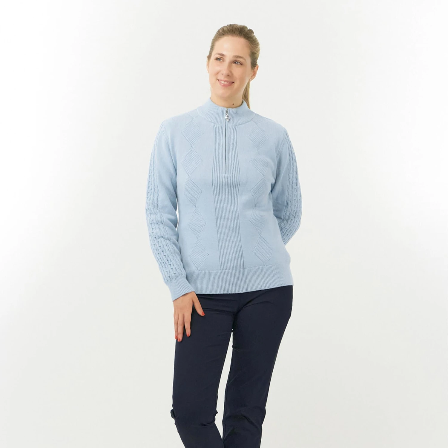 Pure Golf Sorrell Cable Knit Lined Ladies Golf Jumper Powder Blue - Image 4