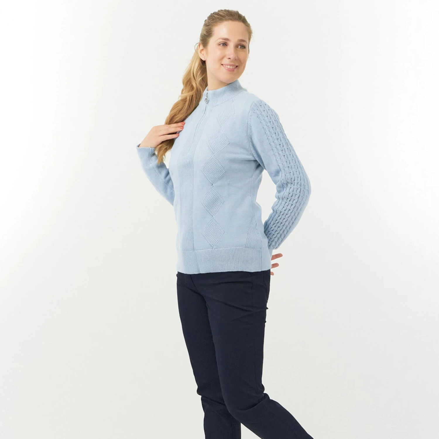 Pure Golf Sorrell Cable Knit Lined Ladies Golf Jumper Powder Blue - Image 5