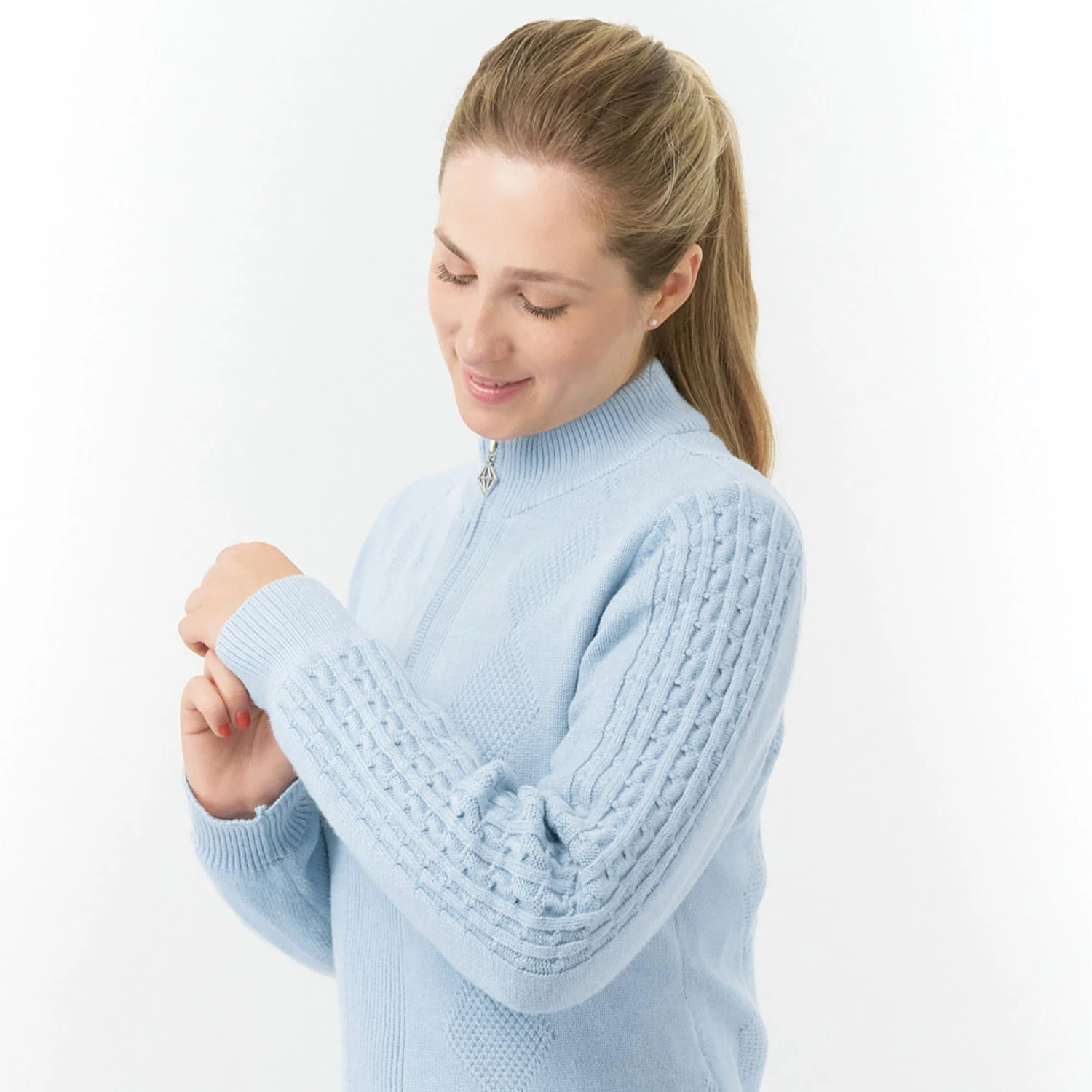 Pure Golf Sorrell Cable Knit Lined Ladies Golf Jumper Powder Blue - Image 8