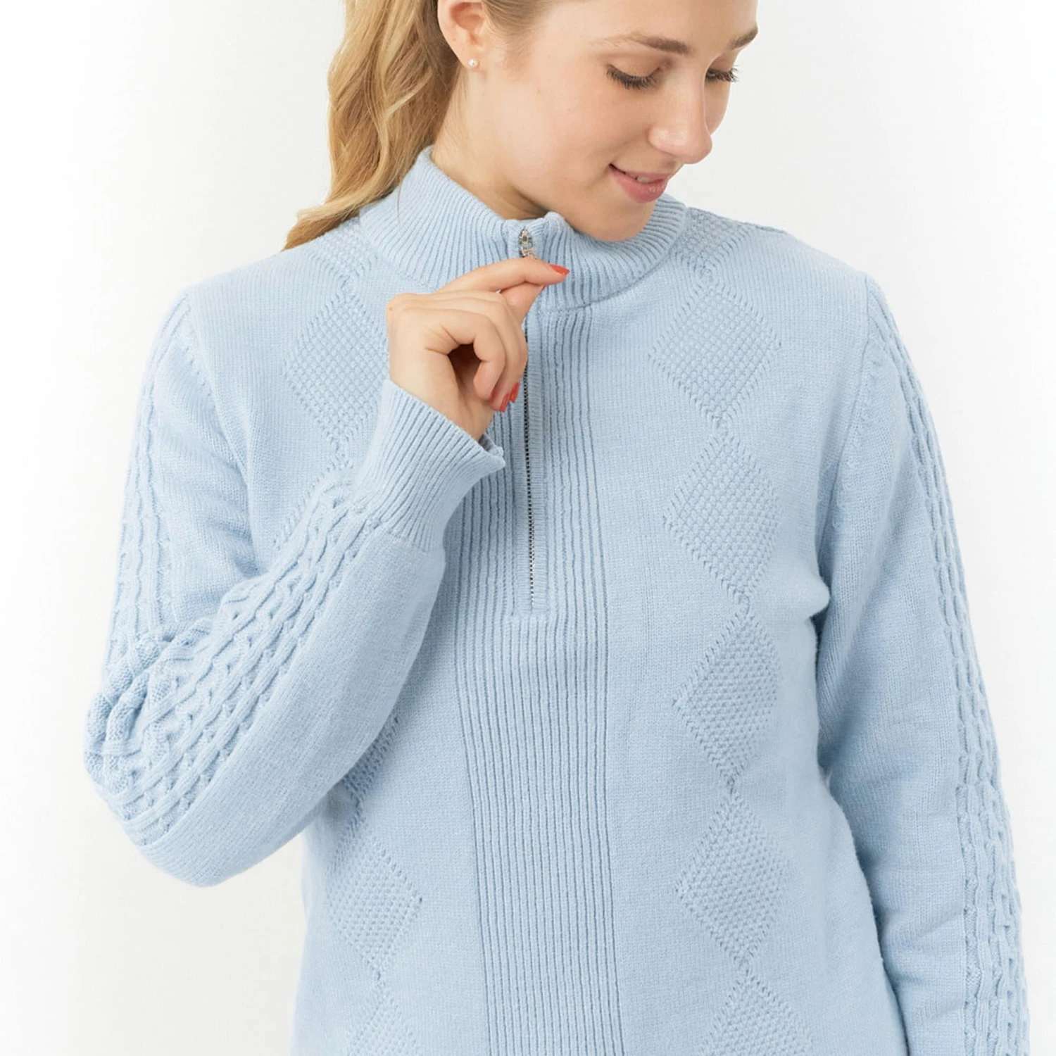 Pure Golf Sorrell Cable Knit Lined Ladies Golf Jumper Powder Blue - Image 9