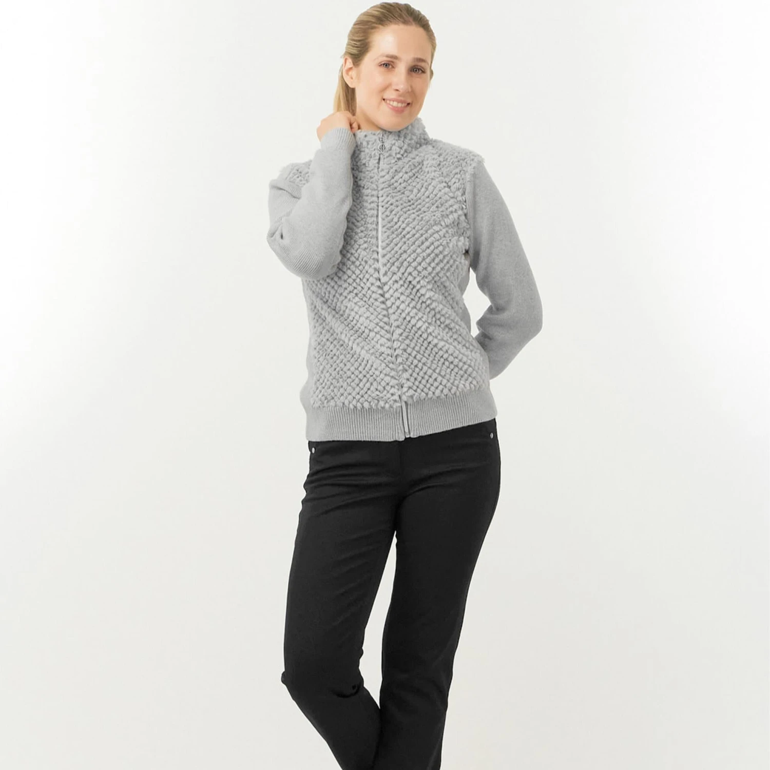 Pure Golf Ellisa Knitted Faux Fir Front Ladies Golf Mid Layer Pale Grey - Image 4