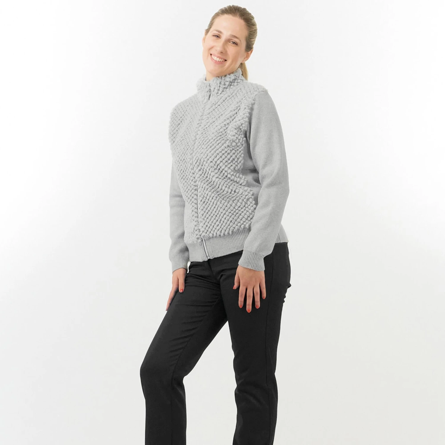 Pure Golf Ellisa Knitted Faux Fir Front Ladies Golf Mid Layer Pale Grey - Image 5