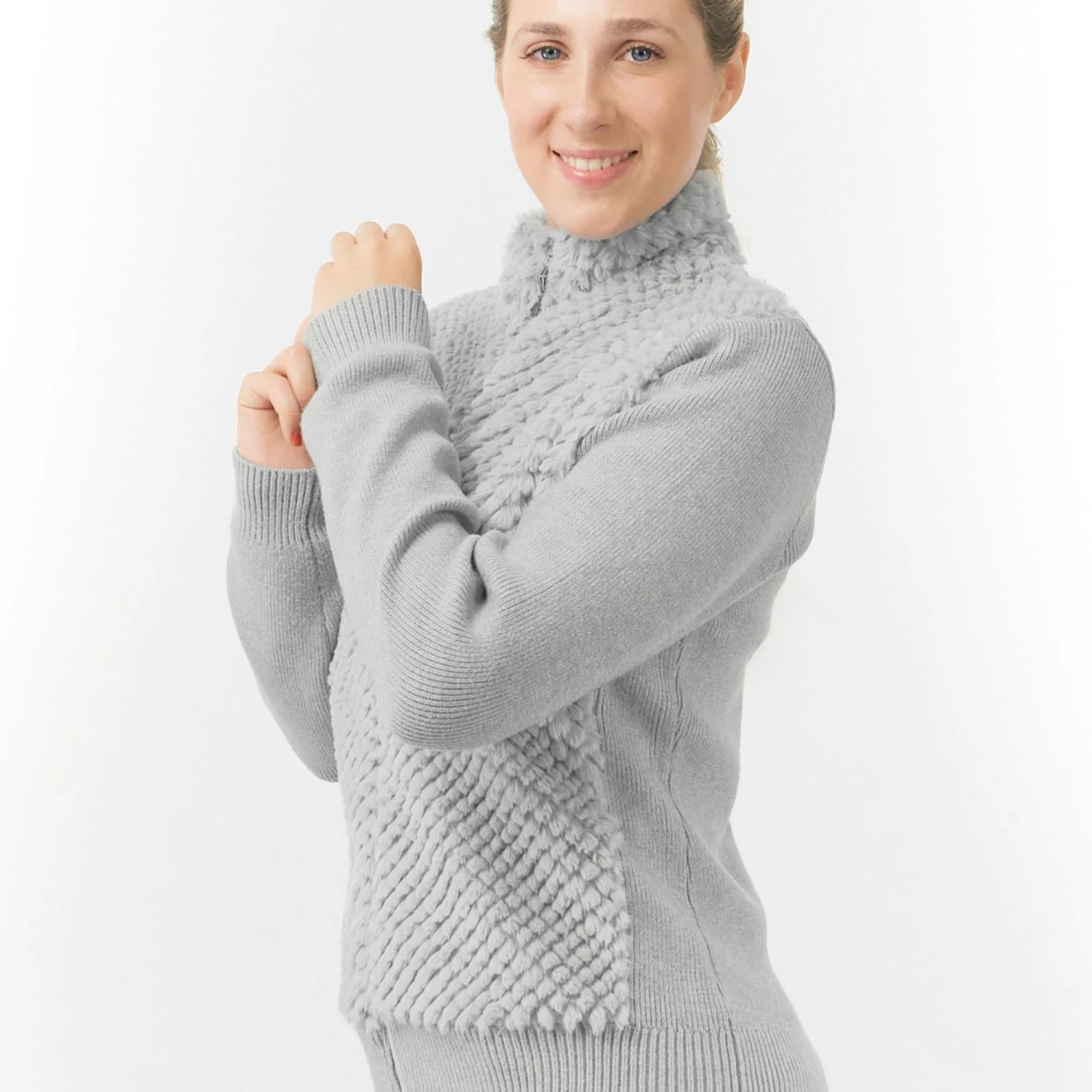 Pure Golf Ellisa Knitted Faux Fir Front Ladies Golf Mid Layer Pale Grey - Image 8