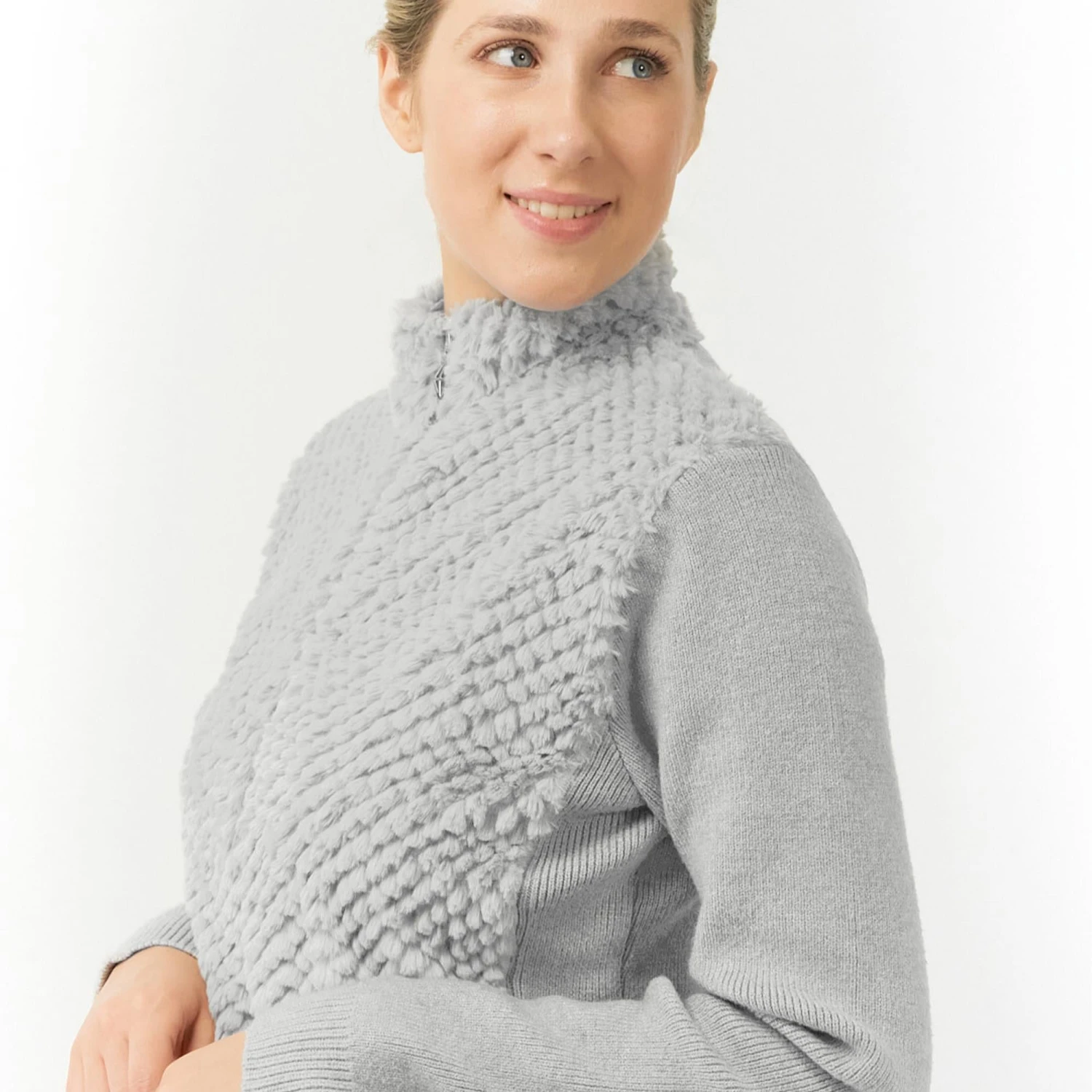 Pure Golf Ellisa Knitted Faux Fir Front Ladies Golf Mid Layer Pale Grey - Image 9