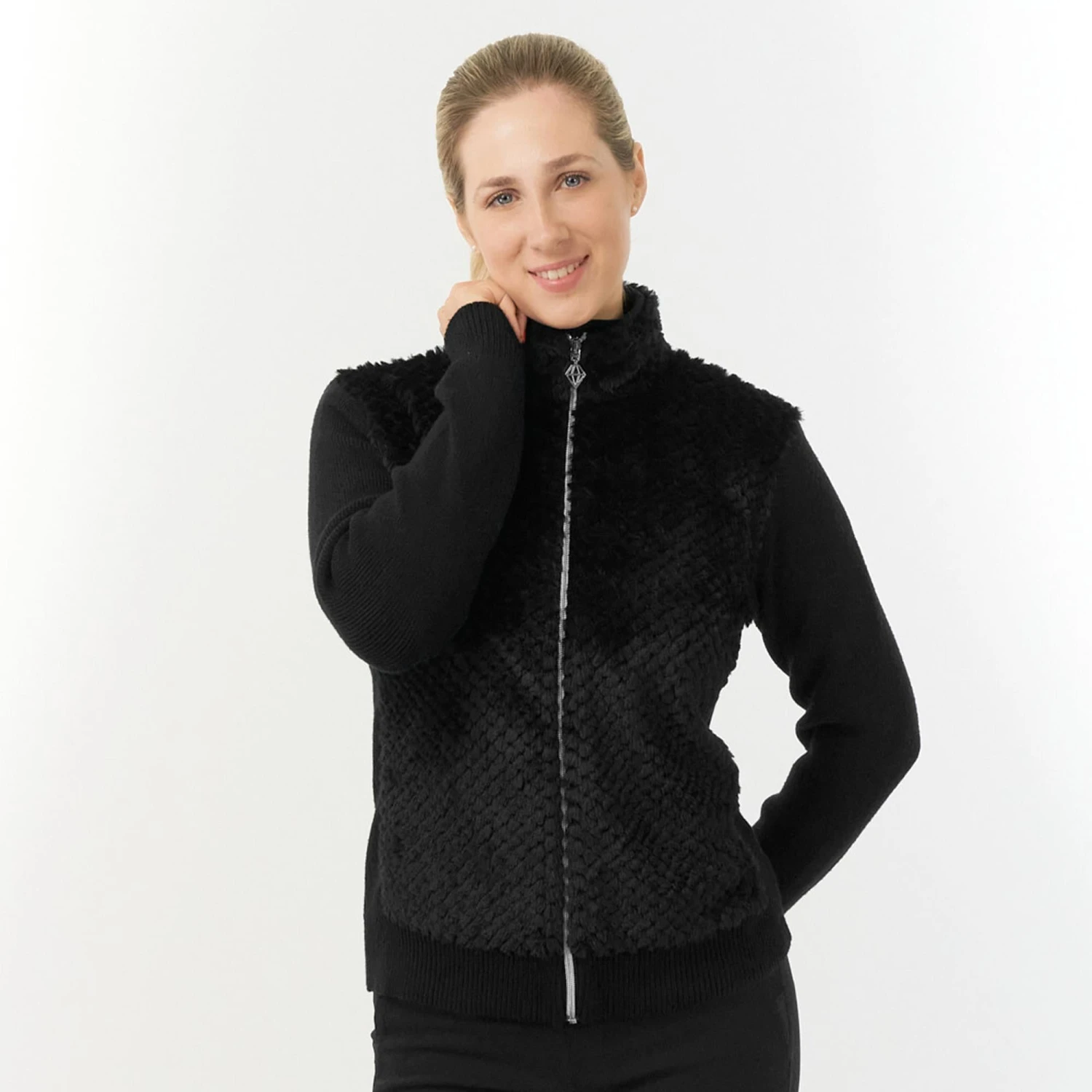 Pure Golf Ellisa Knitted Faux Fir Front Ladies Golf Mid Layer Black - Image 7