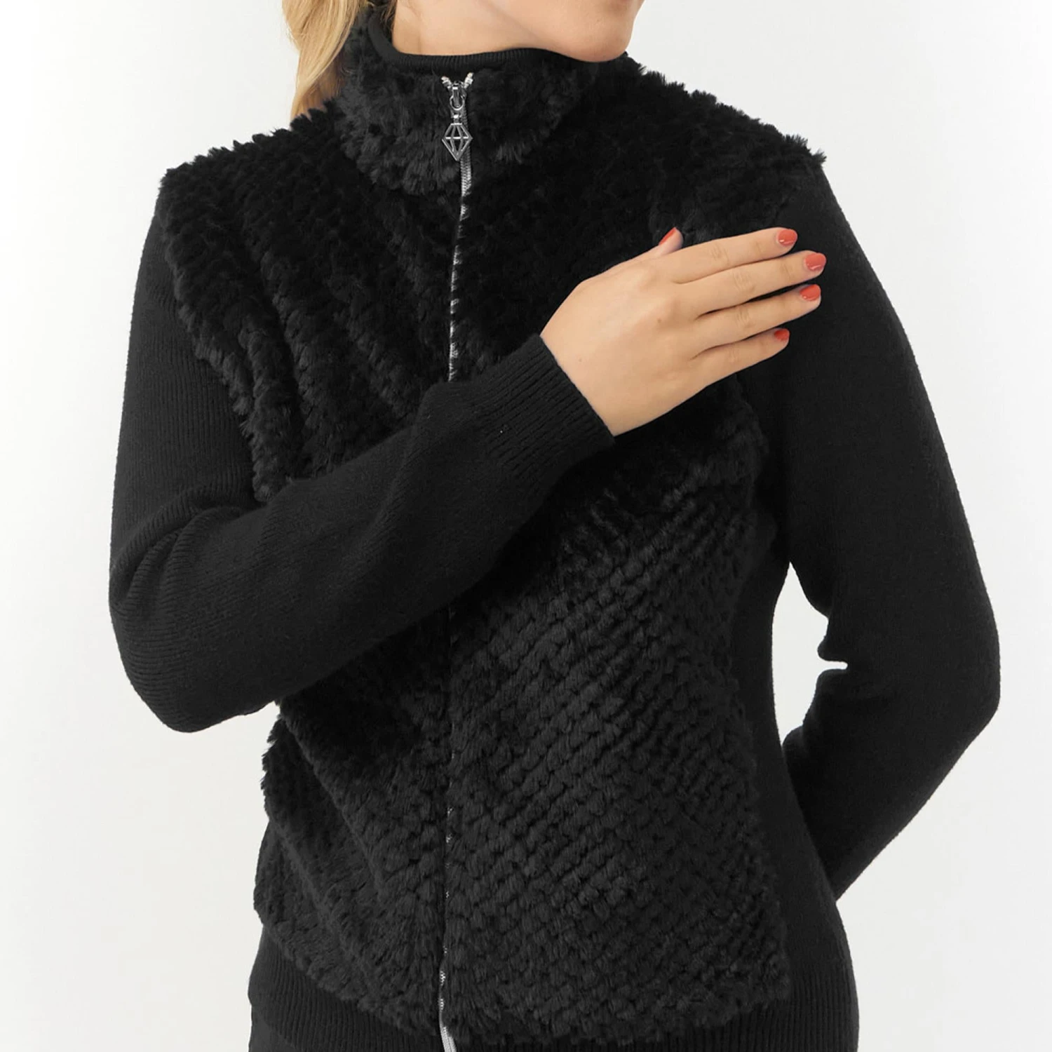 Pure Golf Ellisa Knitted Faux Fir Front Ladies Golf Mid Layer Black - Image 8